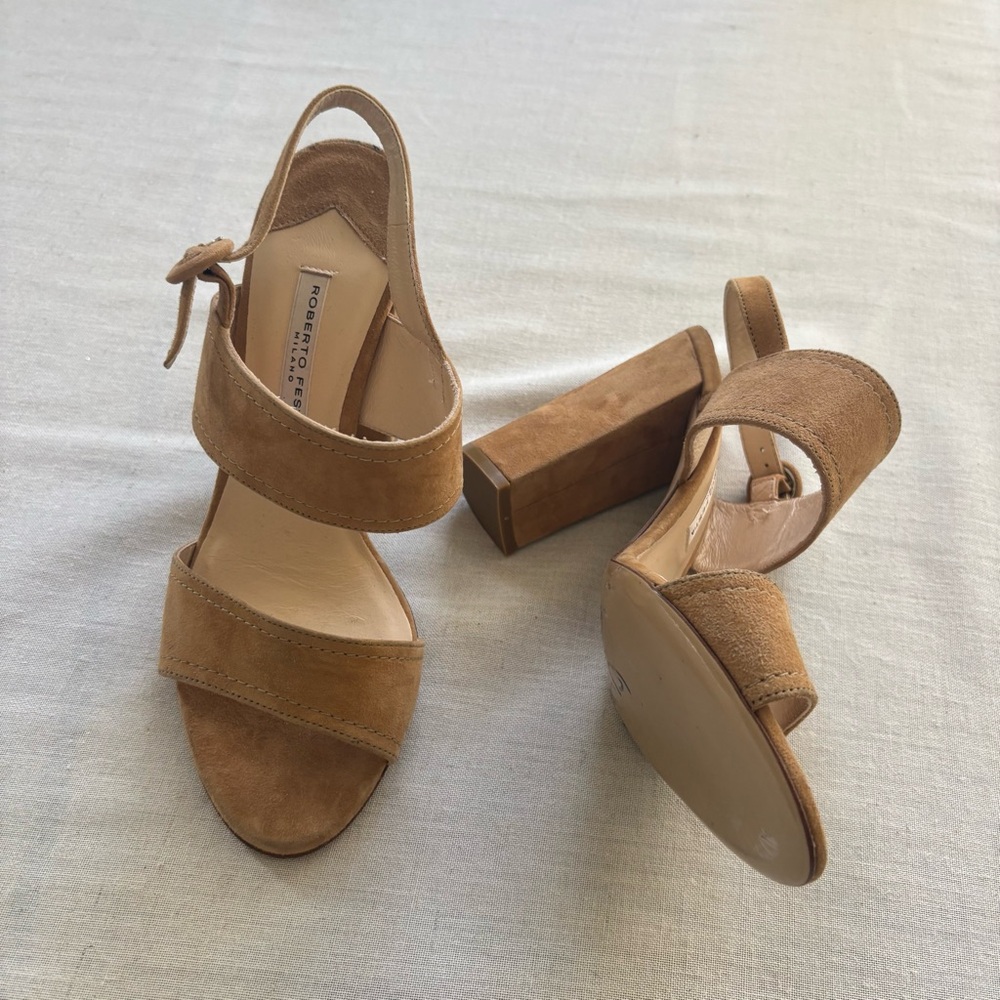 Roberto Festa Milano Beige Suede Block Heel Sandals 39 | Minimal Chic